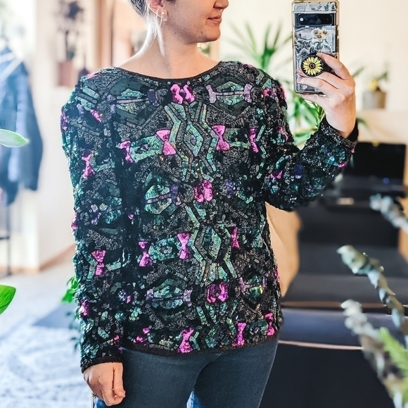 Vintage Talbot's Silk Full Sequin 80s Long Sleeve Blouse Sweater - Picture 1 of 10